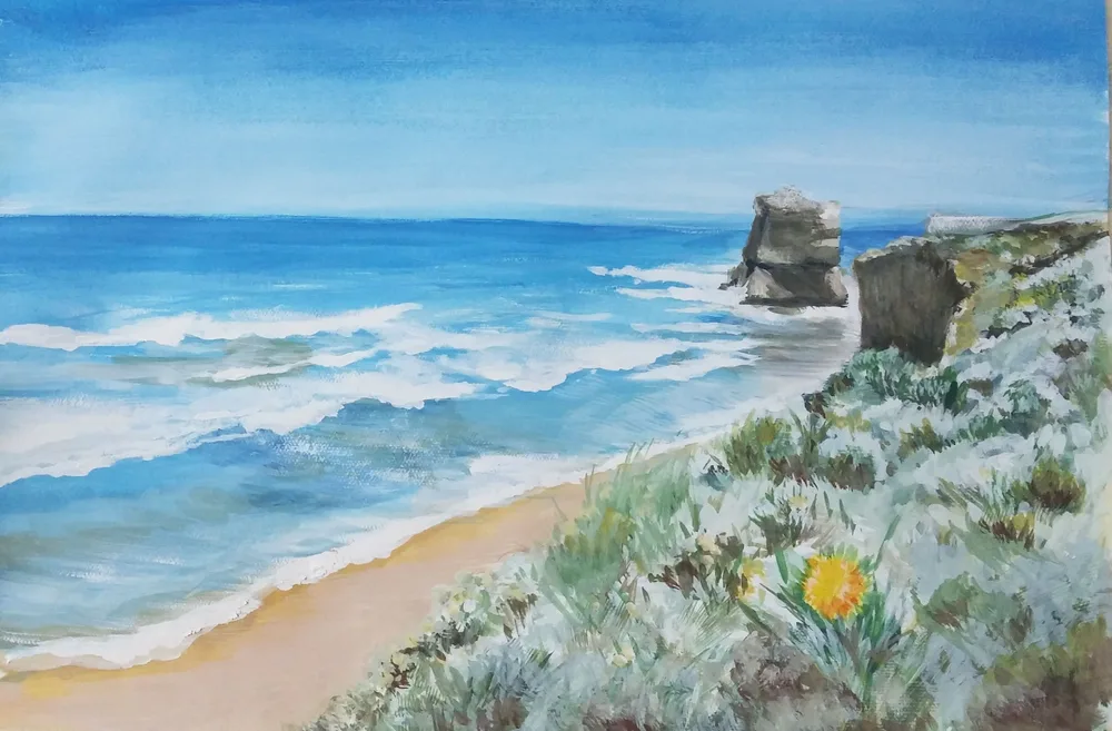 A hand-drawn coastal cliffs scene by Ava Lui